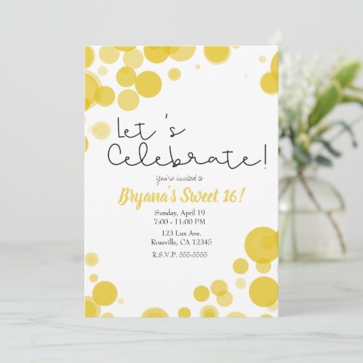 Gelbe Polka-Dot-Blasen Feiern wir Party Einladung (Stehend Vorderseite)