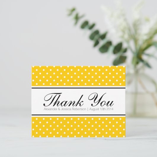Gelbe Polka Dot Hochzeit Dank Postkarten (Stehend Vorderseite)
