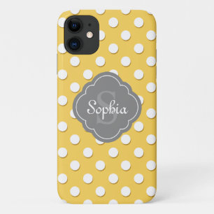Gelbe Polka Dot Muster Grau Monogramm Case-Mate iPhone Hülle