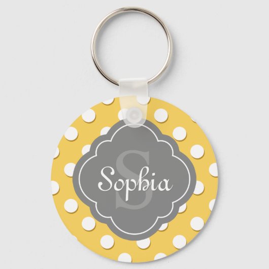 Gelbe Polka Dot Muster Grau Monogramm Schlüsselanhänger (Vorderseite)