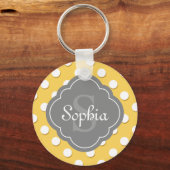 Gelbe Polka Dot Muster Grau Monogramm Schlüsselanhänger (Vorderseite)