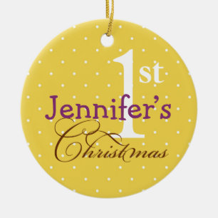 Gelbe Polka dotiert lila Name Baby Erstaufenthalt Keramik Ornament
