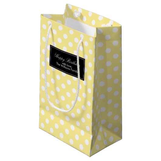 Gelbe Polka Dots Personalisiert Kleine Geschenktüte (Vorderseite Schrägansicht)