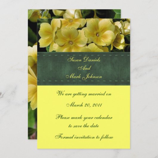 Gelbe Primrose Blumendecke rettet das Datum Einladung (Vorne/Hinten)