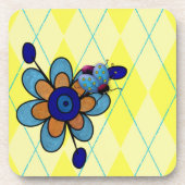 Gelbe Raute Ladybug & Blume Getränkeuntersetzer (Vorderseite)