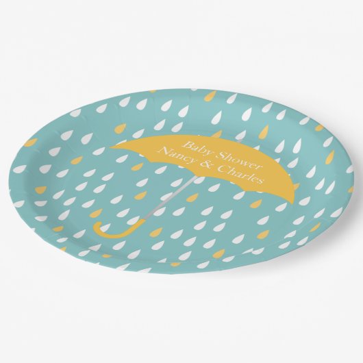 Gelbe Regenschirm-Babyparty-Platte Pappteller (Schrägansicht)