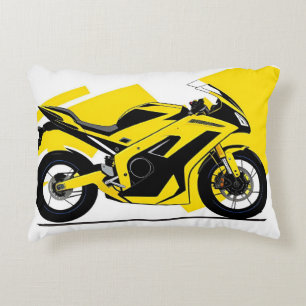 Gelbe Rennmotorrad- und Fahrerillustration Dekokissen