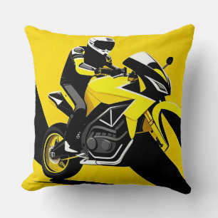 Gelbe Rennmotorrad- und Fahrerillustration Kissen