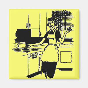 Gelbe Retro-Hausfrau der 50er Jahre in der Küche Magnet