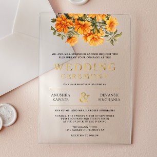 Gelbe Ringelblumen-Blumen Südindische Hochzeit Acryleinladungen