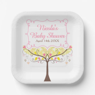 Gelbe rosa Blumen-Vogel-Baby-Party Pappteller
