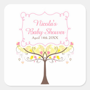 Gelbe rosa florale Vogel-Baby-Party Quadratischer Aufkleber