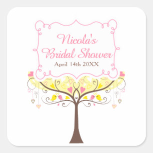 Gelbe rosa florale Vogel-Braut-Party Quadratischer Aufkleber
