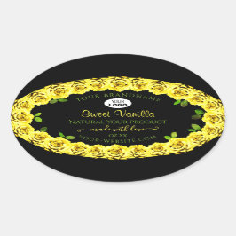 Gelbe Rosa Rahmen auf schwarzen Produktetiketten m Ovaler Aufkleber