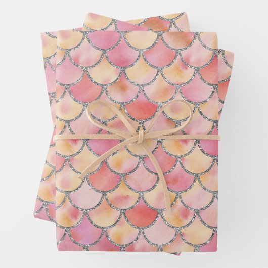 Gelbe, rosa und silberne Meerjungenskala Geschenkpapier Set (Beispiel)