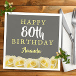 Gelbe Rose Blume Floral 80. Geburtstag Serviette<br><div class="desc">Gelbe Rose Blume Floral 80. Geburtstagsparty Napkins. Schöne gelbe Rosen. Der Hintergrund ist grau. Der Text ist in den Farben weiß und gelb und leicht anpassbar - personalisieren Sie ihn mit Ihrem Namen und Alter. Ideal für die achtzigste Geburtstagsparty einer Frau.</div>