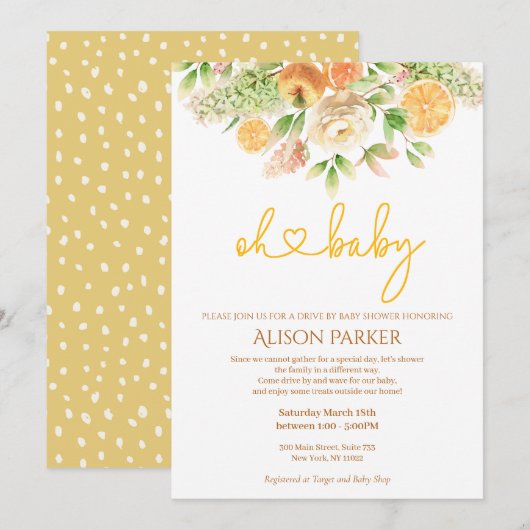 Gelbe Rose Citrus Floral Drive mit Babydusche Einladung (Vorne/Hinten)