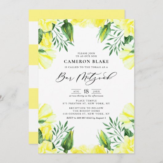Gelbe Rose Floral Bar Mitzvah Einladung (Vorne/Hinten)