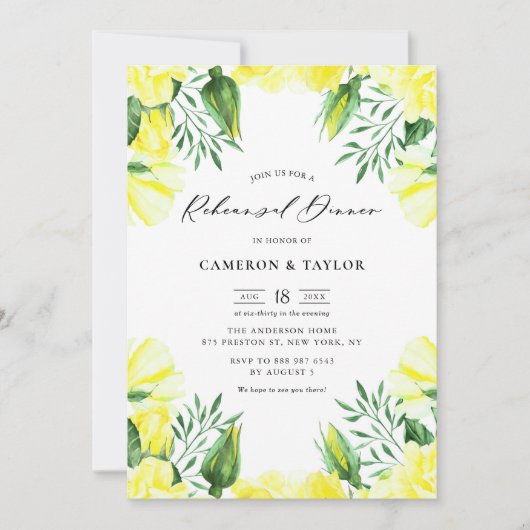 Gelbe Rose Garland Probe Abendessen Einladung (Vorderseite)
