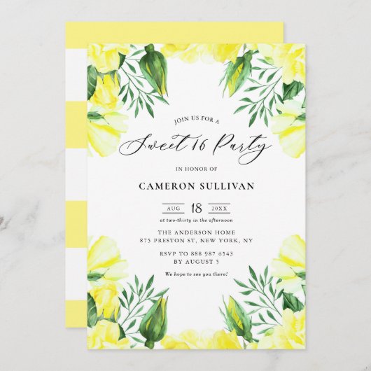 Gelbe Rose Garland Süß 16 Party Einladung (Vorne/Hinten)