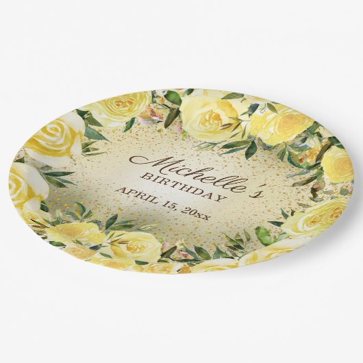 Gelbe Rose Gold Glitzer Geburtsname Pappteller (Schrägansicht)