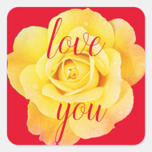Gelbe Rose Liebe Sie Blumenrot Niedlich Quadratischer Aufkleber