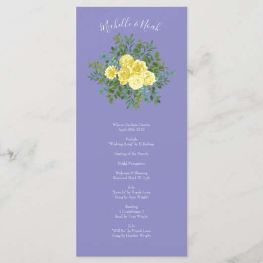 Gelbe Rose & Lila Periwinkle Hochzeit Menükarte (Vorderseite)