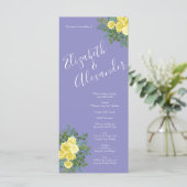 Gelbe Rose & Lila Periwinkle Hochzeit Menükarte (Stehend Vorderseite)