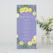Gelbe Rose & Lila Periwinkle Hochzeit Menükarte (Stehend Vorderseite)