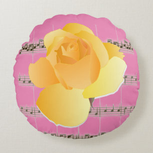 Gelbe Rose Rosa Vintage Notenblatt Rund Kissen