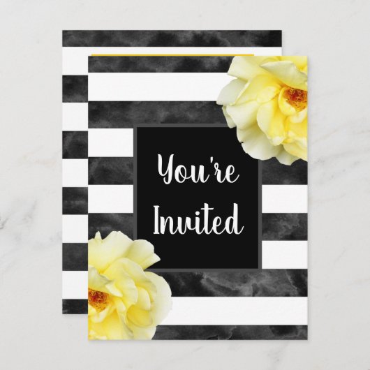 Gelbe Rose, Schwarz-weiße Aquarellstreifen Einladung (Vorne/Hinten)