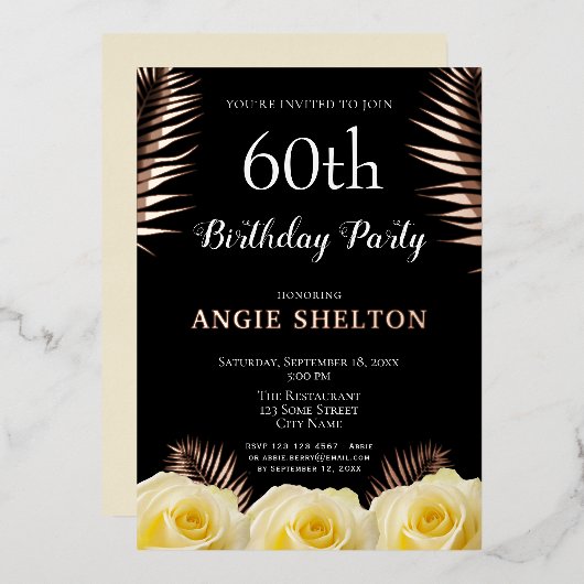Gelbe Rose Tropische Blätter 60. Geburtstag Gold Folieneinladung (Vorderseite/Rückseite)