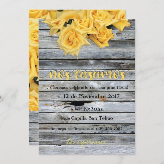 Gelbe Rose über dem Holzgelände in Spanisch Einladung (Vorne/Hinten)