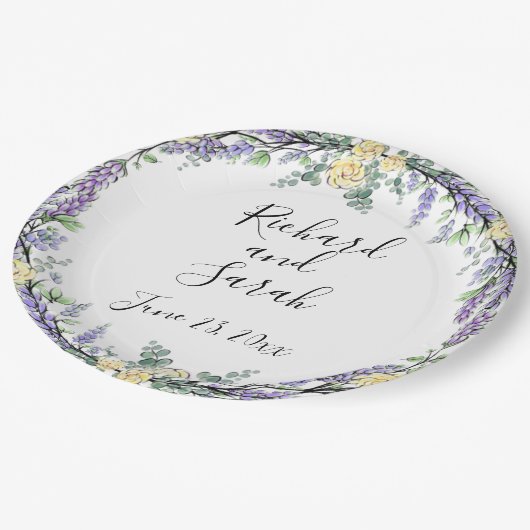 Gelbe Rose und Eukalyptus Pappteller (Schrägansicht)