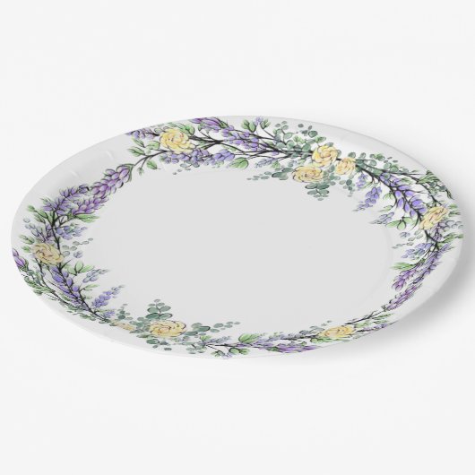 Gelbe Rose und Eukalyptus Pappteller (Schrägansicht)