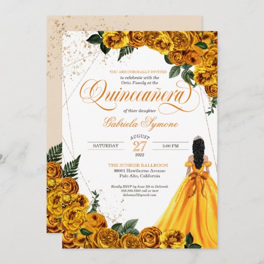 Gelbe Rose und Gold Elegante Quinceñera Einladung (Vorne/Hinten)