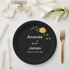 Gelbe Rose und grüne Rebe Elegante schwarze Hochze Pappteller