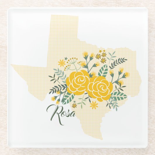 Gelbe Rose von Texas - Gingham Staat mit Rose Glasuntersetzer (Vorderseite)