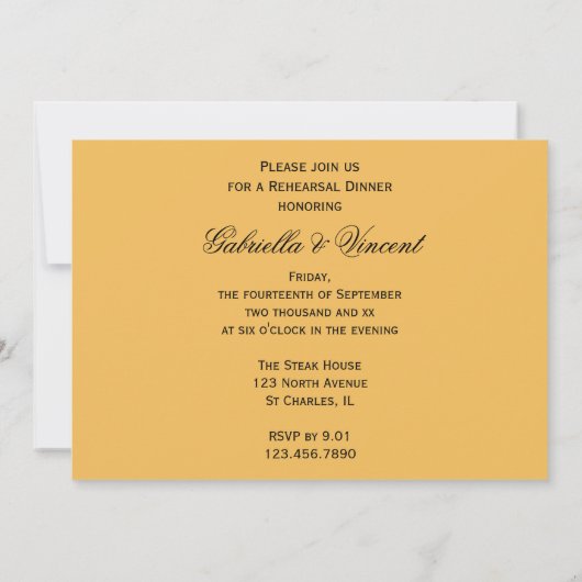 Gelbe Rose Weiße Perlen Hochzeit Probe Dinner Einladung (Rückseite)