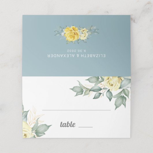 Gelbe Rosen Aquarell Romantik Moderne Blumen Platzkarte (Außenseite Aufgefaltet)