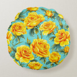 Gelbe Rosen auf blauem Hintergrund Rundes Kissen