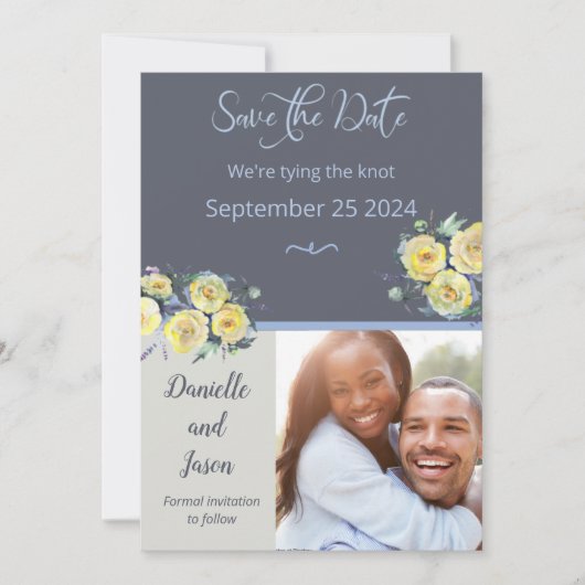 Gelbe Rosen auf dem Foto der Marine Save the Date Ankündigung (Vorderseite)