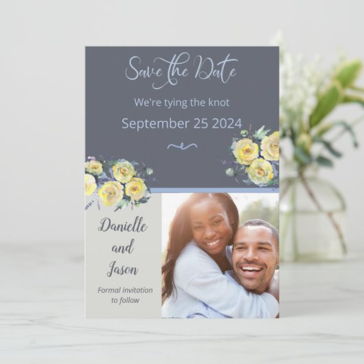 Gelbe Rosen auf dem Foto der Marine Save the Date Ankündigung (Stehend Vorderseite)