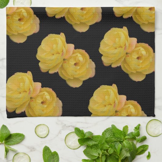 Gelbe Rosen auf schwarz, Geschirrtuch (Gefaltet)