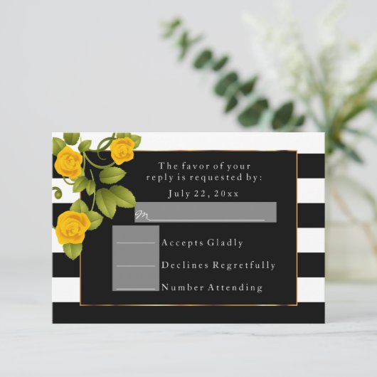 Gelbe Rosen auf schwarzen und weißen Streifen Einladung (Stehend Vorderseite)