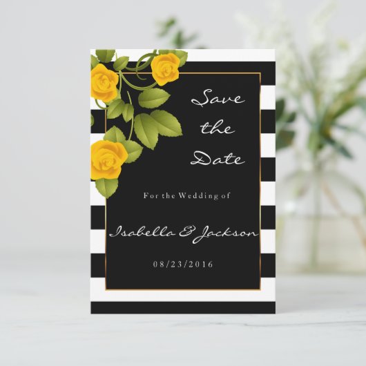 Gelbe Rosen auf schwarzen und weißen Streifen Save The Date (Stehend Vorderseite)