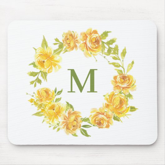 Gelbe Rosen-Blumenmuster-Monogramm Mousepad (Vorne)