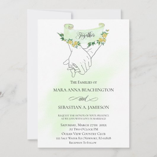 *~* Gelbe Rosen halten Hände Moderne Romantik Einladung (Vorderseite)