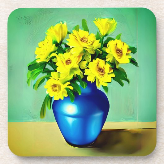 Gelbe Rosen in Blauer Vase Boho Kunst Getränkeuntersetzer (Vorderseite)