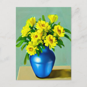 Gelbe Rosen in Blauer Vase Boho Kunst Postkarte